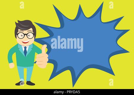 Flaches Design business Vector Illustration Konzept Vorlage kopieren Raum Text für Anzeige Web site esp isoliert 3d-Isometrie. Mann im Anzug Stand die Daumen Stock Vektor