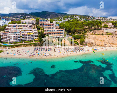 Luftaufnahme, Puerto Portals Luxus marina, Platja de s'Oratori und Illa d'en Vertrieb Strand, Portals Nous, Palma de Mallorca region Stockfoto