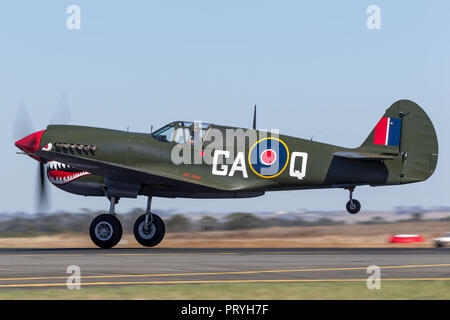 Curtiss P-40 N Kittyhawk Jagdflugzeug aus dem Zweiten Weltkrieg VH-ZOC darstellen. Stockfoto
