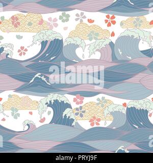 Nahtlose Muster mit Hand gezeichnet stilisierte Wellen im Meer, Japanische Schirme, sakura Blumen. Vector Illustration. Stock Vektor