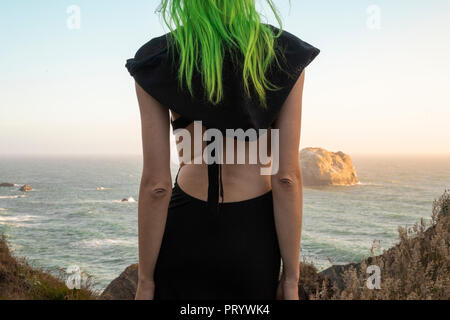 USA, Florida, Westküste, Rückansicht der jungen Frau mit gefärbten grüne Haare auf das Meer Stockfoto