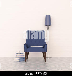 3D-Rendering, blaue Sessel und Stehleuchte mit Stapel von Büchern Stockfoto