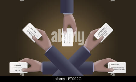 Arme und Hände werden beim Passieren von Visitenkarten und Kreditkarten und gesehen Stockfoto