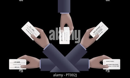 Arme und Hände werden beim Passieren von Visitenkarten und Kreditkarten und gesehen Stockfoto