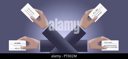 Arme und Hände werden beim Passieren von Visitenkarten und Kreditkarten und gesehen Stockfoto