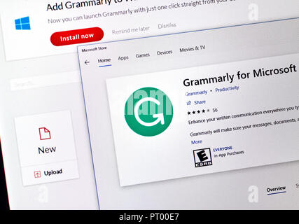 MONTREAL, KANADA - 4. OKTOBER 2018: Grammarly überprüfen Web Anwendung auf einem PC-Bildschirm. Grammarly ist ein beliebter in englischer Sprache schreiben - Verbesserung-Softw. Stockfoto