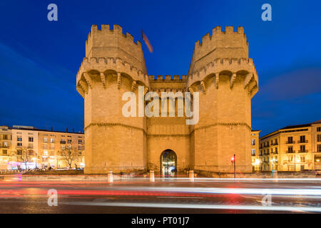 Serrano Türme altes Stadttor von Valencia am Abend Zeit, Spanien, Europa Stockfoto