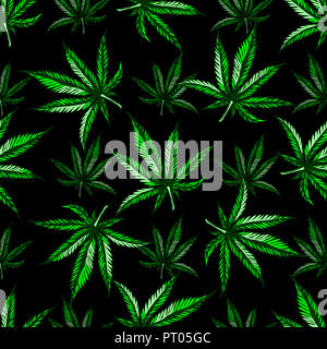 Nahtlose Muster mit Marihuana Blatt. Hand gezeichnet design Cannabis. Vintage Farbe Gravur Illustration für Aufkleber, Poster, Web. Auf schwarz Hinterg isoliert Stockfoto