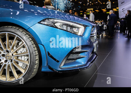 PARIS - Okt 2, 2018: Nahaufnahme der Mercedes-AMG eine 35 4MATIC Limousine Auto auf der Paris Motor Show vorgestellt. Stockfoto