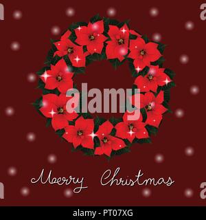 Rot Weihnachtsstern Kranz und weißen Schnee Weihnachten Grußkarte auf rotem Hintergrund. Vector Illustration. Stock Vektor