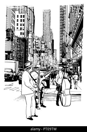 Straßenkünstler spielen Musik auf der 5th Avenue in New York City - Vector Illustration Stock Vektor
