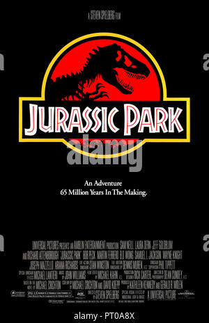 Jurassic Park (1993) unter der Regie von Steven Spielberg und Hauptdarsteller Sam Neill, Laura Dern, Jeff Goldblum und Richard Attenborough. Erfolgreiche Blockbuster über ein Themenpark mit lebenden Dinosaurier, was könnte schief gehen? Stockfoto