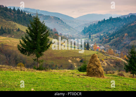 Schönen ländlichen Gebiet der Karpaten. haystack und Baum am Rand eines Hügels Fichte. Dorf in Dunstige Tal Stockfoto