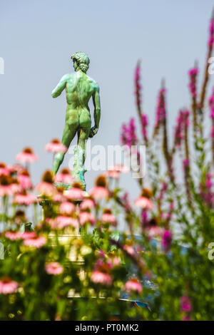 Blick auf die Statue von Michelangelos David in Florenz, Italien, an einem sonnigen Tag. Stockfoto