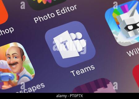 London, Vereinigtes Königreich - Oktober 05, 2018: Nahaufnahme der Microsoft Teams mobile App, die von der Microsoft Corporation. Stockfoto