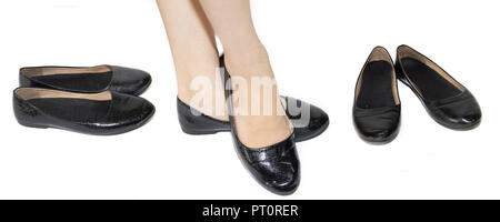 Schwarze Ballerinas auf weibliche Beine auf einem weißen Hintergrund. Damenschuhe. Damen Sommer Schuhe. Business Black Ballet Schuhe auf einem weißen Hintergrund. Sh Stockfoto