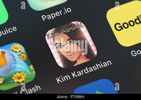 London, Vereinigtes Königreich - Oktober 05, 2018: Nahaufnahme von Glu von Games Inc beliebte App Kim Kardashian: Hollywood. Stockfoto