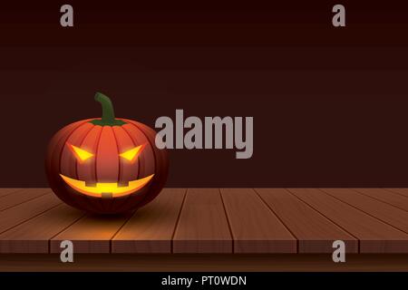 Halloween Kürbis mit hellen glühenden in lächelnden Gesicht auf hölzernen Tisch Hintergrund. Stock Vektor