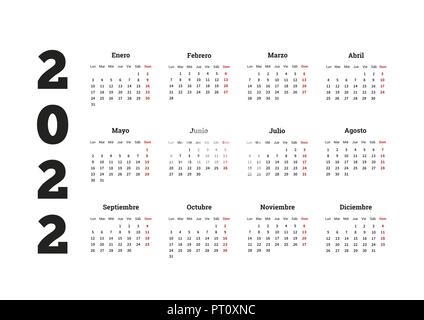 2022 Jahr einfacher Kalender in Spanisch, Weiß Stock Vektor