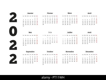 2022 Jahr einfacher Kalender auf französische Sprache auf Weiß Stock Vektor