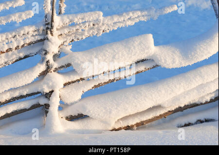 Alten hölzernen Zaun mit Schnee bedeckt. Winterlandschaft in Finnland. Stockfoto