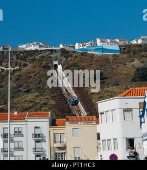 Nazare, Portugal - Sept 25, 2018: Perspektiven der populären Ascensor da nazare oder Nazare Seilbahn von Nazare Sitio werden im oberen Teil der Stadt Stockfoto