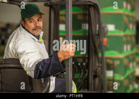 Mitarbeiter sitzen in Gabelstapler Stockfoto