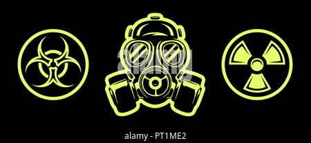 Gasmaske und Gefahr singt auf schwarzem Hintergrund isoliert. Atemschutzmaske. Strahlung unterzeichnen. Biohazard Zeichen Stock Vektor