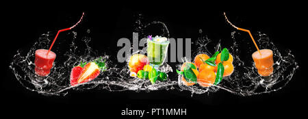 Frische Mischung von Smoothies und Früchte, Spritzwasser, Banner Stockfoto