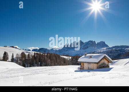 Blick auf die blass-Gruppe (Pale di San Martino) aus dem kleinen Dorf namens Fuciade in San Pellegrino Pass (Soraga di Fassa, Biois Tal, Provinz Trient, Südtirol, Italien, Europa) Stockfoto