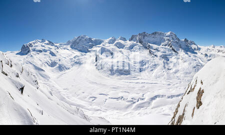 Panoramablick auf die Schweizer Seite des Monte Rosa Massiv vom Gornergrat's View Point (Zermatt, Wallis, Visp, Switzerlan, Europa) Stockfoto