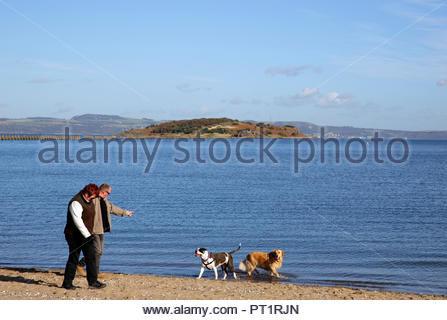 Edinburgh, Vereinigtes Königreich, 5. Oktober, 2018. Hund zu Fuß auf cramond Strand genießen das sonnige Wetter mit blauem Himmel in Cramond Promenade. Cramond Insel sichtbar. Quelle: Craig Brown/Alamy Leben Nachrichten. Mann Stockfoto