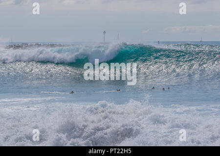 Bodysurfer schwimmen im Wedge Newport Beach in Kalifornien, USA, wie eine große, krachende Welle bricht. Stockfoto