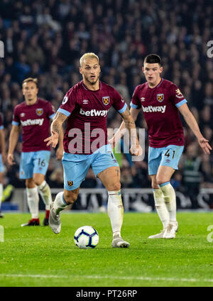 Brighton, UK. 05 Okt, 2018. Marko Arnautovic von West Ham United in der Premier League Match zwischen Brighton und Hove Albion und West Ham United an der AMEX Stadium, Brighton und Hove, England am 5. Oktober 2018. Foto von Liam McAvoy. Credit: UK Sport Pics Ltd/Alamy leben Nachrichten Stockfoto