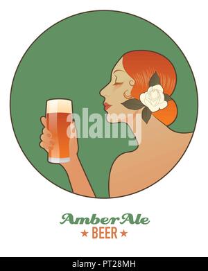 Frau mit einem Glas Bier. Amber Ale. Vintage Style. Stock Vektor