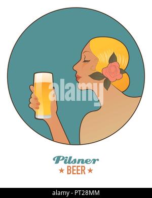 Frau mit einem Glas Bier. Pilsen. Vintage Style. Stock Vektor