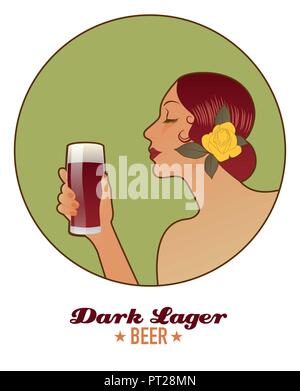 Frau mit einem Glas Bier. Dunkles Lagerbier. Vintage Style. Stock Vektor