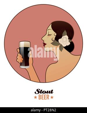 Frau mit einem Glas Bier. Stout. Vintage Style. Stock Vektor