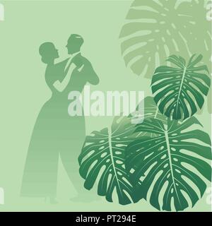 Paar Tanz in einer monstera Garten. Tropischen Hintergrund. Retro Style. Stock Vektor