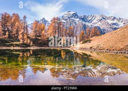 Reflexion in den Lago del Sangiatto in Alpe Devero im Herbst - Provinz Verbano Cusio Ossola, Piemont, Italien Stockfoto