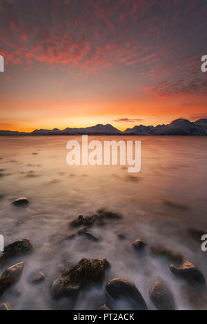 Die Wellen auf den Steinen am Strand brechen bei Sonnenuntergang, Nordmannvik, Kafjord, Lyngen Alpen, Troms, Norwegen, Lappland, Europa, Stockfoto