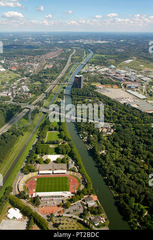 Luftaufnahme, Luftbild, Emscher Kunst, verführerische Federn zum Ruhm, Tobias Rehberger, Oberhausen, Burg, Rhein-Herne-Kanal, Oberhausen, Ruhrgebiet, Nordrhein-Westfalen, Deutschland, Europa, Stockfoto