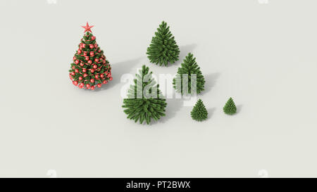 3D-Rendering, Gruppe von Tannen auf weißem Hintergrund Hintergrund bewundern, Weihnachtsbaum Stockfoto