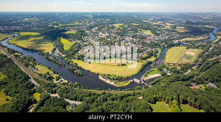 Ruhrbogen, Ruhr, Ruhr, Wolken, Kraftwerk, Schwall von der Ruhr, Ruhr Valley in der Nähe von Bommern, Ansicht von Hohenstein auf der Ruhr Auen Stockfoto