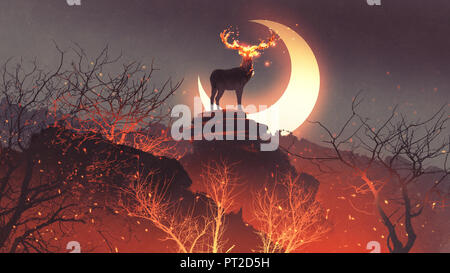 Der Hirsch mit dem Feuer Hörner stehen auf Felsen im Wald Feuer, digital art Stil, Illustration Malerei Stockfoto