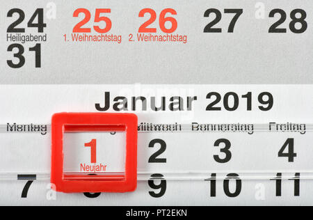 Kalender neues Jahr Weihnachten 2018 der 1. Januar 2019 Stockfoto