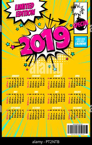 2019 retro super hero Kalender pop art Stock Vektor