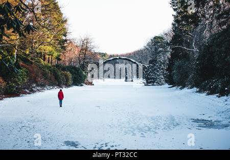 Deutschland, Sachsen, Azaleen- und Rhododendronpark Kromlau, Frau in Rot Jacke, Rakotz Bridge im Hintergrund Stockfoto