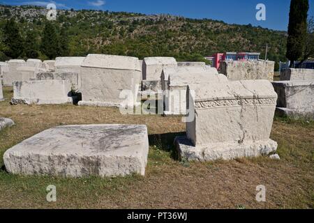 Stećci, alte megalithische Grabsteine an Radimlja alten Nekropole bei Vidovo Polje in der Nähe von Stolac, Bosnien und Herzegowina Stockfoto