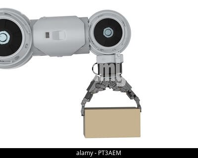 Automatisierung Industrie-Konzept mit 3D-rendering Roboterarm mit Karton Stockfoto